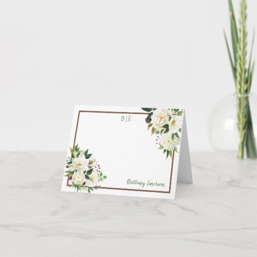 Carte De Remerciements Aquarelle blanche Coins floraux Nom Monogramme (Devant)