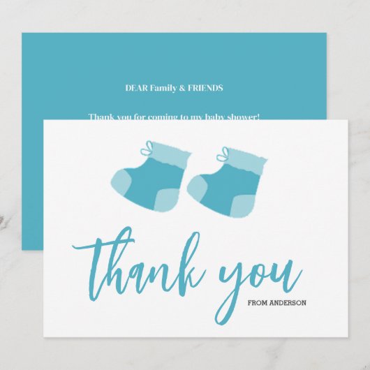 Carte De Remerciements Aquarelle Bleu bébé Baby shower Booties garçon (Devant / Derrière)