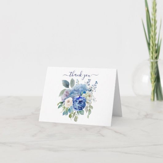 Carte De Remerciements Aquarelle Bleu Blanc Fleurs Florales Végétation (Devant)