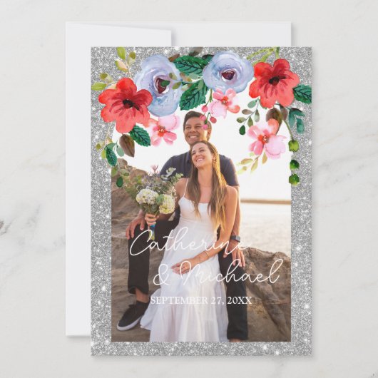 Carte De Remerciements Aquarelle bleu Dusty Parties scintillant argent Ar (Devant)