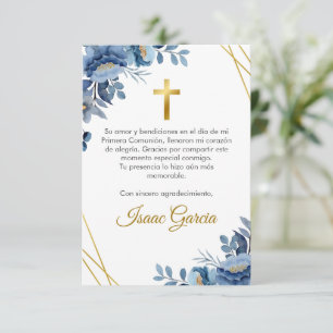 Carte De Remerciements Aquarelle Bleu Fleurs mignonnes Première Communion