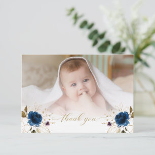 Carte De Remerciements Aquarelle Bleu Floral Gold Boy Photo Baptême