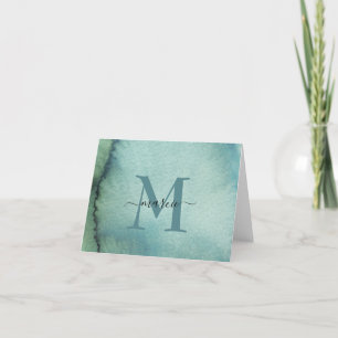 Carte De Remerciements Aquarelle bleu Monogramme moderne