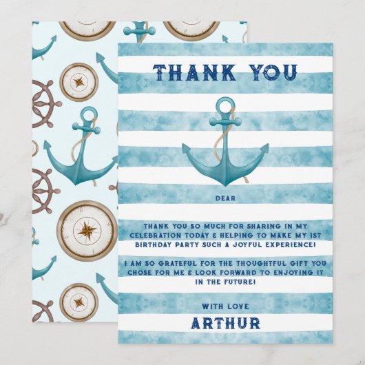 Carte De Remerciements Aquarelle Bleue Cute Ancre marine (Devant / Derrière)