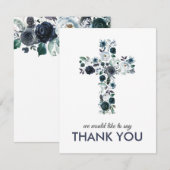 Carte De Remerciements Aquarelle bleue Floral Croix religieuse (Devant / Derrière)