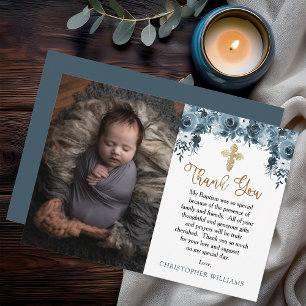 Carte De Remerciements Aquarelle bleue Floral   Faux Gold Boy Baptism