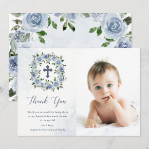 Carte De Remerciements Aquarelle Bleue Plutôt Dusty Fleurs Baptême