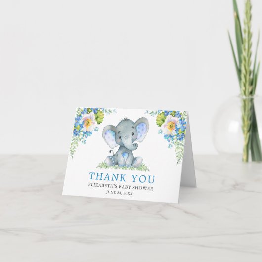 Carte De Remerciements Aquarelle Blue Floral Elephant Baby shower Note (Devant)