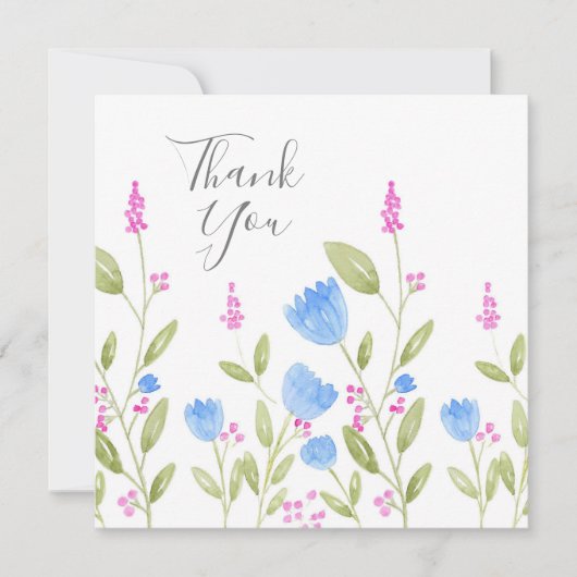 Carte De Remerciements Aquarelle 'Blue Flowers and Pink Berries' (Devant)