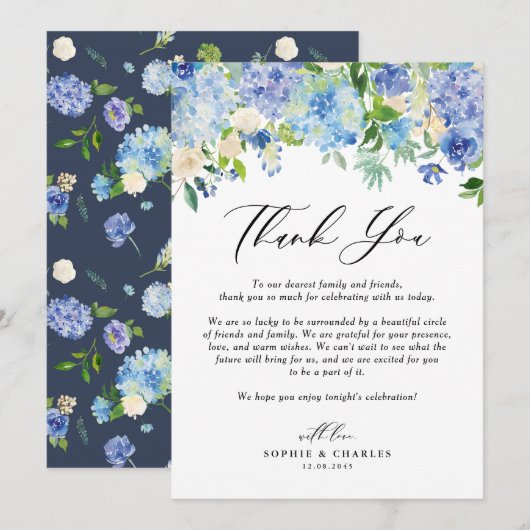 Carte De Remerciements Aquarelle Blue Hydrangea Garland Mariage Floral (Devant / Derrière)