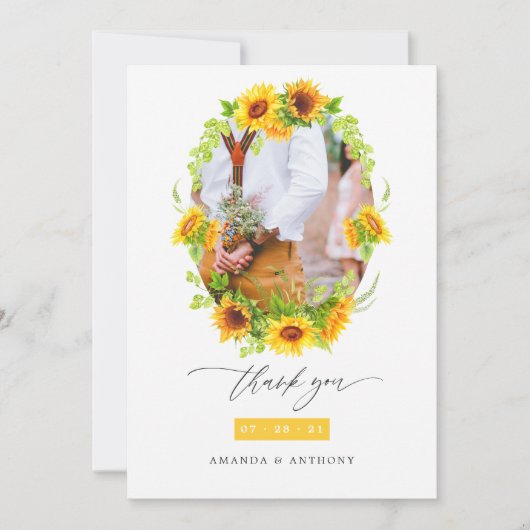 Carte De Remerciements Aquarelle Boho Sunflowers Photo Mariage (Devant)