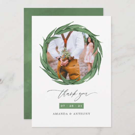 Carte De Remerciements Aquarelle bois forêt Mariage vert (Devant / Derrière)