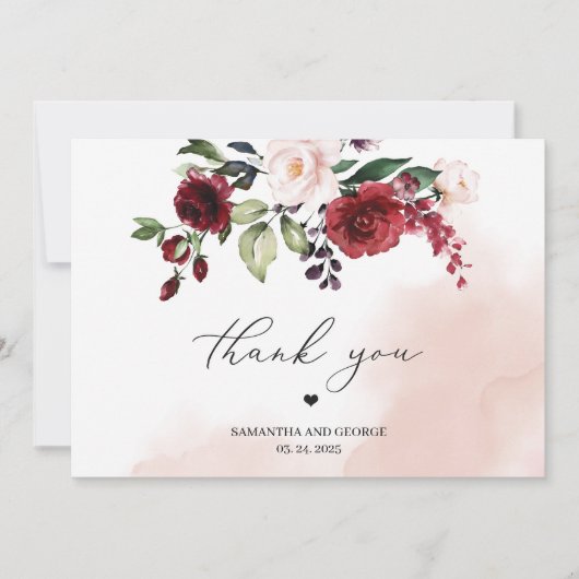 Carte De Remerciements Aquarelle burgunch rose mariage (Devant)