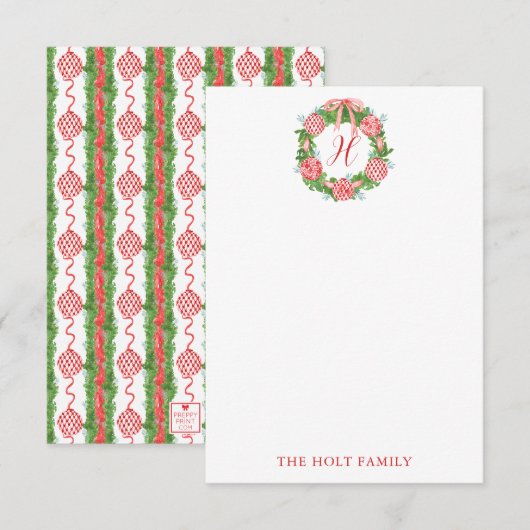 Carte De Remerciements Aquarelle Chinoiserie Wreath Monogramme Noël (Devant / Derrière)