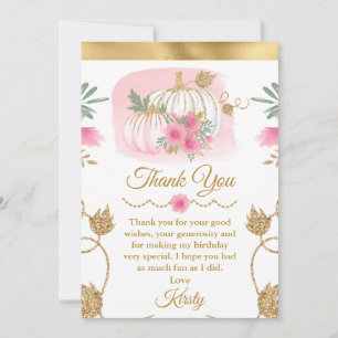 Carte De Remerciements Aquarelle Citrouille Rose Paillettes Dorées Sweet