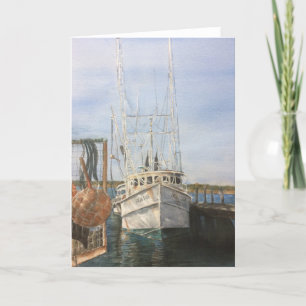 Carte De Remerciements Aquarelle Crevette Bateau Côtier Pêche Océan