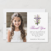 Carte De Remerciements Aquarelle croix fleur pourpre première communion (Devant)