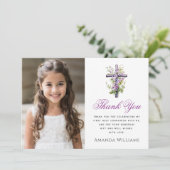 Carte De Remerciements Aquarelle croix fleur pourpre première communion (Debout devant)