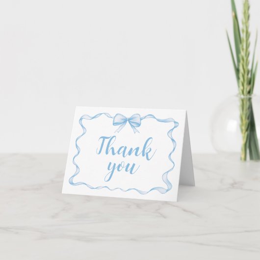 Carte De Remerciements Aquarelle Cute Blue Bow Wavy Ribbon Frame (Devant)