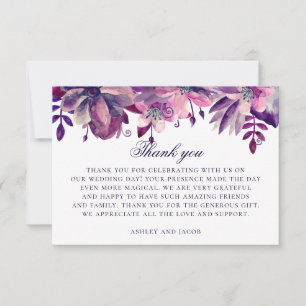 Carte De Remerciements Aquarelle de fleurs violettes et roses. Mariage fl