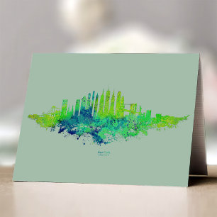Carte De Remerciements Aquarelle de la skyline de New York en bleu et ver
