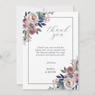 Carte De Remerciements Aquarelle Fleur Rose Poussiéreux Mauve Bleu Nuit
