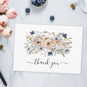 Carte De Remerciements Aquarelle Fleurs Bleu Beige Joli Floral