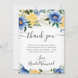 Carte De Remerciements Aquarelle Fleurs Bleues et Jaunes Sweet 16