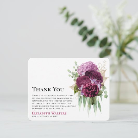 Carte De Remerciements Aquarelle Fleurs pourpres & Symapathie Eucalyptus (Debout devant)