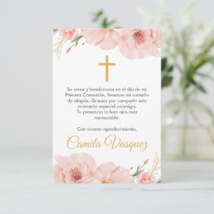 Carte De Remerciements Aquarelle Fleurs roses mignonnes première communio
