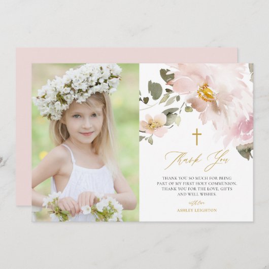 Carte De Remerciements Aquarelle Fleurs rousses Première Communion sainte (Devant / Derrière)