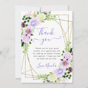 Carte De Remerciements Aquarelle Fleurs violettes Or Frame Sweet 16