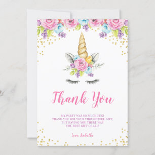 Carte De Remerciements Aquarelle Floral Unicorne Anniversaire