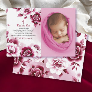 Carte De Remerciements Aquarelle florale bordeaux fille Baptême photo