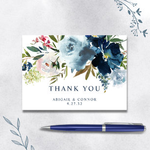 Carte De Remerciements Aquarelle florale élégante marine et bleu poussiér