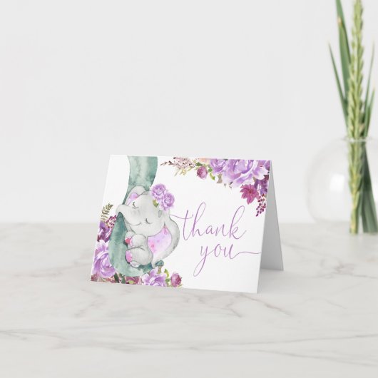 Carte De Remerciements Aquarelle florale mignonne d'éléphant violet lavan (Devant)