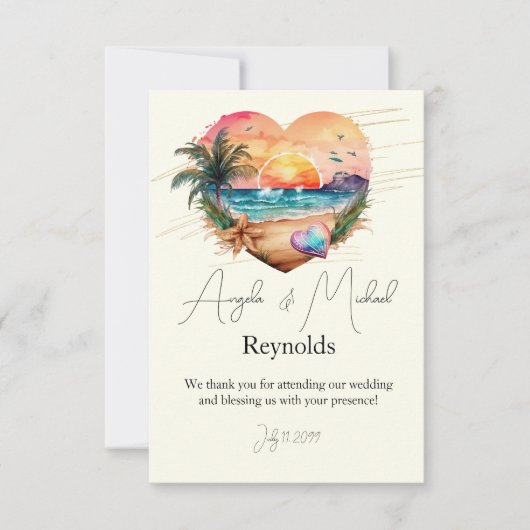 Carte De Remerciements Aquarelle Hawaii Beach Sunset Heart Mariage (Devant)