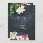 Carte De Remerciements Aquarelle Magnolia Fleurs Mariage Noir Blanc (Devant / Derrière)