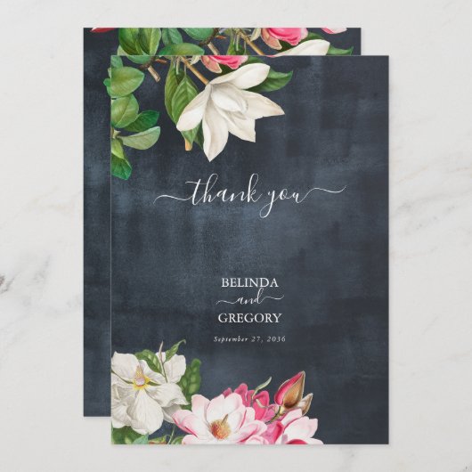 Carte De Remerciements Aquarelle Magnolia Fleurs Mariage Noir Blanc (Devant / Derrière)