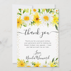 Carte De Remerciements Aquarelle Marguerites et Fleurs Jaunes Sweet 16
