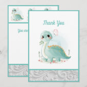 Carte De Remerciements Aquarelle mignonne Bébé Dinosaure Vert (Devant / Derrière)