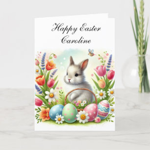 Carte De Remerciements Aquarelle mignonne Lapin Lapin Lièvre Pâques Flora