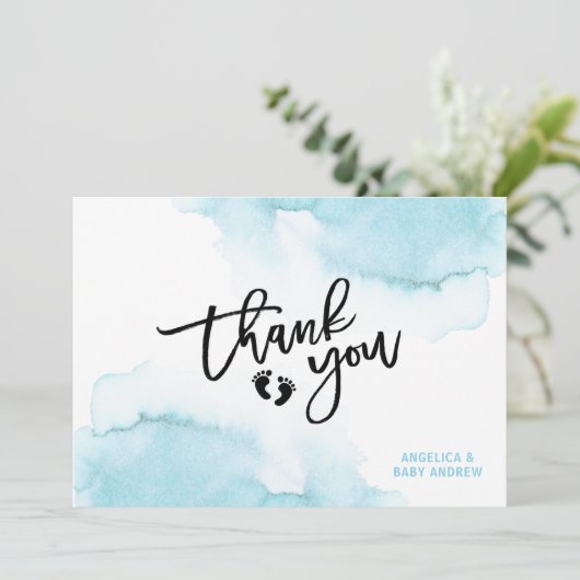 Carte De Remerciements Aquarelle moderne bleu garçon Oh Baby shower de ga (Debout devant)