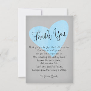Carte De Remerciements Aquarelle moderne Blue Heart Baby shower garçon