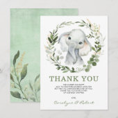 Carte De Remerciements Aquarelle moderne Vert Or Bébé Eléphant (Devant / Derrière)