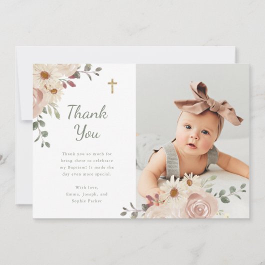 Carte De Remerciements Aquarelle neutre florale | Photo du baptême (Devant)