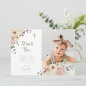 Carte De Remerciements Aquarelle neutre florale | Photo du baptême (Debout devant)