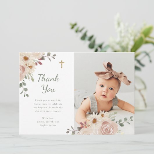 Carte De Remerciements Aquarelle neutre florale | Photo du baptême (Debout devant)