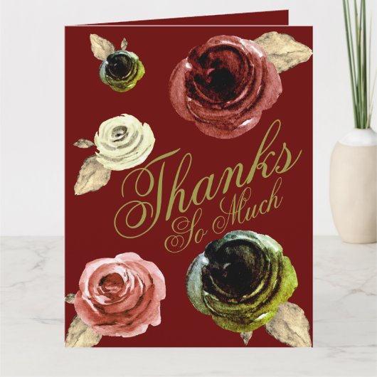 Carte De Remerciements Aquarelle Or et Burgundy ScriptMerci beaucoup (Devant)