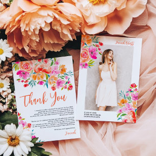Carte De Remerciements Aquarelle orange et rose gras Graduation florale